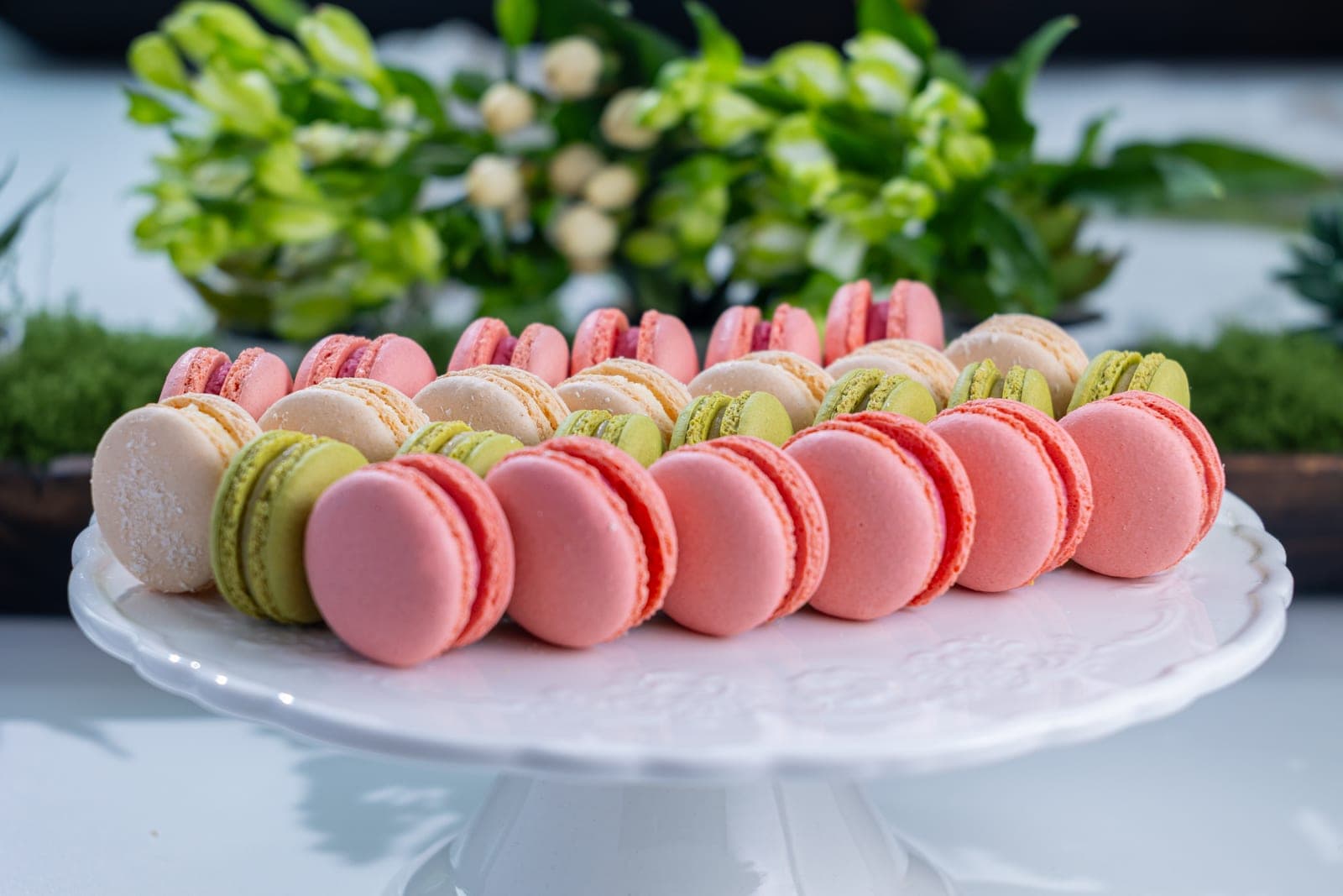 Macarons rosados y de pistacho en bandeja de torta